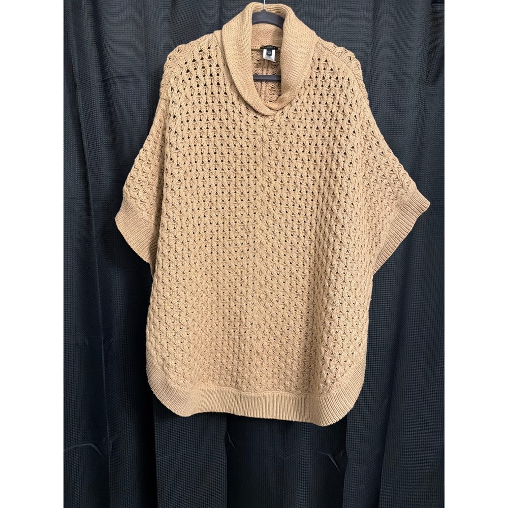 Talbots Womens L/XL Tan Open Knit Shawl Collar Poncho Sweater Cotton Wool Blend